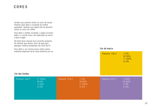 cores



Sempre que possível utilize as cores da escala
Pantone para obter o resultado de melhor
qualidade. Quando essa opção não for possível,
utilize as cores em CMYK.
Para obter o melhor resultado, o papel recomen-
dado é o couchê fosco com aplicação de verniz
à base d’água.
No final deste manual você encontra amostras
de Pantone que devem servir de guia para
qualquer material produzido nas cores da Oi.
Para obter a cor correta nunca utilize outros                                Cor da marca
materiais impressos da Oi como referência de cor.
                                                                               Pantone 130 C   C 0%
                                                                                               M 30%
                                                                                               Y 100%
                                                                                               K 0%




Cor dos fundos

  Pantone 320 C             C 100%                  Pantone 718 C   C 5%      Pantone 272 C    C 60%
                            M 0%                                    M 80%                      M 60%
                            Y 45%                                   Y 100%                     Y 0%
                            K 0%                                    K 5%                       K 0%




                                                                                                        23
 