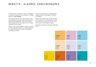 website: algumas considerações



O website deve ser simples e direto. A navegação,      As cores na web devem ser utilizadas para
a escolha do conteúdo, o jeito de falar e o design     enfatizar partes da informação e facilitar
devem ser sem enrolação.                               a navegação.
Existe uma paleta de cores especial para a web,        Procure não misturar tons de mais de uma
com variações de tons das cores da marca, para         cor na mesma tela. Recomendamos utilizar
permitir mais flexibilidade. Evite utilizar efeitos.   com freqüência o fundo branco para dar
Tudo na web deve ter uma razão de ser. Só utilize      mais leveza e simplicidade à página.
animações muito simples.
                                                       Veja abaixo a paleta de cores para a web page
Procure criar um grid simples e utilizar as caixas     da Oi.
de texto, quando necessário, de forma moderada.
As caixas não devem ter cantos arredondados,
ou quebras na forma.



                                                                                                Oi Laranja   Oi Lilás   Oi Água
                                                                                                R: 255       R: 204     R: 102
                                                                                                G: 153       G: 153     G: 204
                                                                                                B: 51        B: 255     B: 204




                                                                                                Oi Laranja   Oi Lilás   Oi Água
                                                                                                R: 255       R: 204     R: 153
                                                                                                G: 204       G: 204     G: 255
                                                                                                B: 153       B: 255     B: 255




                                                                         Oi Sol                 Oi Laranja   Oi Lilás   Oi Água
                                                                         R: 255                 R: 255       R: 153     R: 0
                                                                         G: 204                 G: 102       G: 102     G: 153
                                                                         B: 51                  B: 0         B: 204     B: 153



                                                                                                                                  91
 