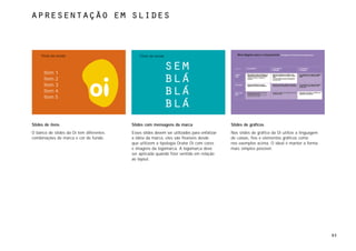 apresentação em slides



     Título da sessão                        Título da sessão



      Item 1
      Item 2
      Item 3
      Item 4
      Item 5




Slides de itens                          Slides com mensagens da marca                      Slides de gráficos
O banco de slides da Oi tem diferentes   Esses slides devem ser utilizados para enfatizar   Nos slides de gráfico da Oi utilize a linguagem
combinações de marca e cor de fundo.     a idéia da marca, eles são flexíveis desde         de caixas, fios e elementos gráficos como
                                         que utilizem a tipologia Orator Oi com cores       nos exemplos acima. O ideal é manter a forma
                                         e imagens da logomarca. A logomarca deve           mais simples possível.
                                         ser aplicada quando fizer sentido em relação
                                         ao layout.




                                                                                                                                              95
 