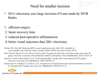 Need for smaller incision
• 20 G vitrectomy uses large incisions 0.9 mm made by MVR
blades.
1. efficient surgery
2. faster recovery time
3. reduced post-operative inflammation
4. better visual outcomes than 20G vitrectomy.
Dilsher SD, Peter KK, Reducing MIVS wound complication risks. May 2011. Available at:
www.revophth.com/content/d/ retinal_insider/i/1494/c/28019/ (accessed 22 June 2015).
Sato T, Emi K, Bando H, et al., Faster recovery after 25-gauge microincision vitrectomy surgery than after 20-
gauge vitrectomy in patients with proliferative diabetic retinopathy, Clinical Ophthalmol, 2012;6:1925–30.
Yanyali A, Celik E, Horozoglu F, et al., Corneal topographic changes after transconjunctival (25-gauge)
sutureless vitrectomy, Am J Ophthalmol, 2005;140:939–41.
Kadonosono K, Yamakawa T, Uchio E, et al., Comparison of visual function after epiretinal membrane removal
by 20-gauge and 25-gauge vitrectomy, Am J Ophthalmol, 2006;142:513–5.
 
