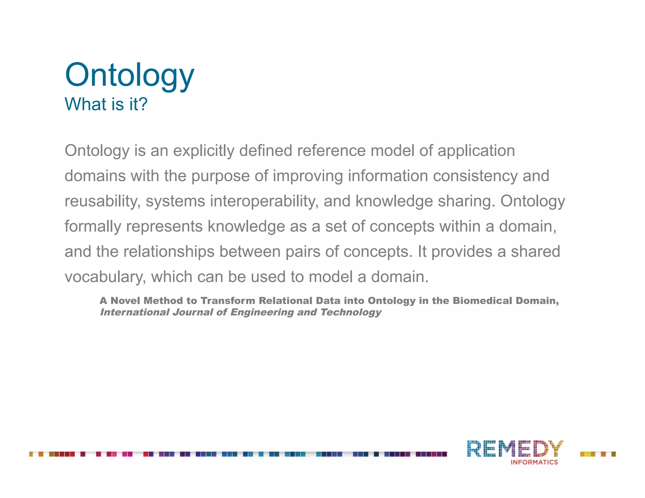 Ontology
What is it?
Ontology is an explicitly defined reference model of application
domains with the purpose of improving information consistency and
reusability, systems interoperability, and knowledge sharing. Ontology
formally represents knowledge as a set of concepts within a domain,
and the relationships between pairs of concepts. It provides a shared
vocabulary, which can be used to model a domain.
A Novel Method to Transform Relational Data into Ontology in the Biomedical Domain,
International Journal of Engineering and Technology
 