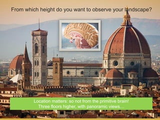 24
From which height do you want to observe your landscape?
Location matters: so not from the primitive brain!
Three floors higher, with panoramic views…
 