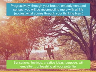 37
Progressively, through your breath, embodyment and
senses, you will be reconnecting more with all life
(not just what comes through your thinking brain)
Sensations, feelings, creative ideas, purpose, will
empathy… unleashing all your potential
 