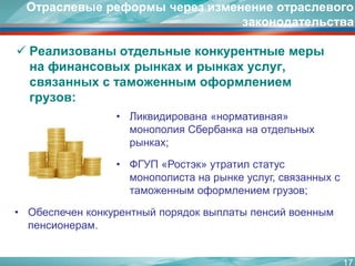 Реализованы отдельные конкурентные меры на финансовых рынках и рынках услуг, связанных с таможенным оформлением грузов: 
17 
•Ликвидирована «нормативная» монополия Сбербанка на отдельных рынках; 
•ФГУП «Ростэк» утратил статус монополиста на рынке услуг, связанных с таможенным оформлением грузов; 
•Обеспечен конкурентный порядок выплаты пенсий военным пенсионерам. 
Отраслевые реформы через изменение отраслевого законодательства  