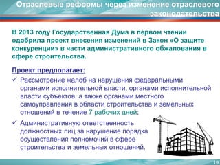 19 
В 2013 году Государственная Дума в первом чтении одобрила проект внесения изменений в Закон «О защите конкуренции» в части административного обжалования в сфере строительства. 
Отраслевые реформы через изменение отраслевого законодательства 
Проект предполагает: 
Рассмотрение жалоб на нарушения федеральными органами исполнительной власти, органами исполнительной власти субъектов, а также органами местного самоуправления в области строительства и земельных отношений в течение 7 рабочих дней; 
Административную ответственность должностных лиц за нарушение порядка осуществления полномочий в сфере строительства и земельных отношений.  