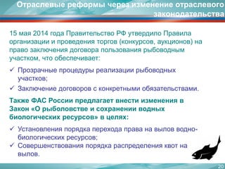 20 
15 мая 2014 года Правительство РФ утвердило Правила организации и проведения торгов (конкурсов, аукционов) на право заключения договора пользования рыбоводным участком, что обеспечивает: 
Прозрачные процедуры реализации рыбоводных участков; 
Заключение договоров с конкретными обязательствами. 
Также ФАС России предлагает внести изменения в Закон «О рыболовстве и сохранении водных биологических ресурсов» в целях: 
Установления порядка перехода права на вылов водно- биологических ресурсов; 
Совершенствования порядка распределения квот на вылов. 
Отраслевые реформы через изменение отраслевого законодательства  