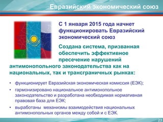 23 
Евразийский экономический союз 
С 1 января 2015 года начнет функционировать Евразийский экономический союз 
Создана система, призванная обеспечить эффективное пресечение нарушений 
•функционирует Евразийская экономическая комиссия (ЕЭК); 
•гармонизировано национальное антимонопольное законодательство и разработана необходимая нормативная правовая база для ЕЭК; 
•выработаны механизмы взаимодействия национальных антимонопольных органов между собой и с ЕЭК. 
антимонопольного законодательства как на национальных, так и трансграничных рынках:  