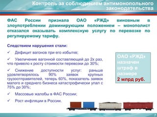 Контроль за соблюдением антимонопольного законодательства 
ФАСРоссиипризналаОАО«РЖД»виновнымвзлоупотреблениидоминирующимположением–монополистотказалсяоказыватькомплекснуюуслугупоперевозкепорегулируемомутарифу. 
ОАО «РЖД» назначен штраф в размере 2 млрд руб. 
Следствиемнарушениястали: 
Дефицитвагоновприегоизбытке; 
Увеличениевагоннойсоставляющейдо2храз, чтопривелокростустоимостиперевозкидо30%; 
Снижениедоступностиуслуг:раньшеудовлетворялось90%заявоккрупныхгрузоотправителей,теперь60%,показательзаявокмалогоисреднегобизнесакатастрофическиупалс75%до30%; 
МассовыежалобывФАСРоссии; 
РостинфляциивРоссии. 
7 
 