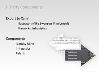 3 rd  Party Components Export to Xaml Illustrator: Mike Swanson @ microsoft Fireworks: Infragistics Components Identity Mine Infragistics Telerik 