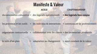 Manifeste & Valeur
AGILE
documentation exhaustive < des logiciels opérationnels
les processus et les outils < les individus & interactions
négociation contractuelle < collaboration avec les clients
le suivi d’un plan < adaptation au changement
CRAFTSMANSHIP
+ des logiciels bien conçus
+ communauté de professionnels
+ des partenariats productifs
+ ajout constant de la valeur
 