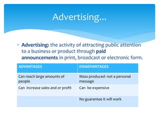Advertising... 
 Advertising: the activity of attracting public attention 
to a business or product through paid 
announcements in print, broadcast or electronic form. 
ADVANTAGES DISADVANTAGES 
Can reach large amounts of 
people 
Mass produced- not a personal 
message 
Can increase sales and or profit Can be expensive 
No guarantee it will work 
 