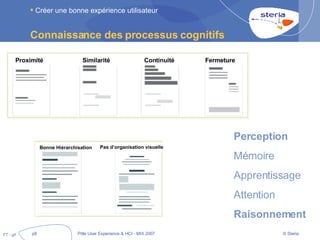 Connaissance des processus cognitifs Créer une bonne expérience utilisateur Perception Mémoire Apprentissage Attention Raisonnement Proximité  Similarité  Continuité  Fermeture Bonne Hiérarchisation Pas d’organisation visuelle   FT - gif 