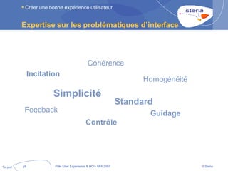 Expertise sur les problématiques d’interface Créer une bonne expérience utilisateur Contrôle Feedback Simplicité Incitation Cohérence Standard Guidage Homogénéité Tel port 