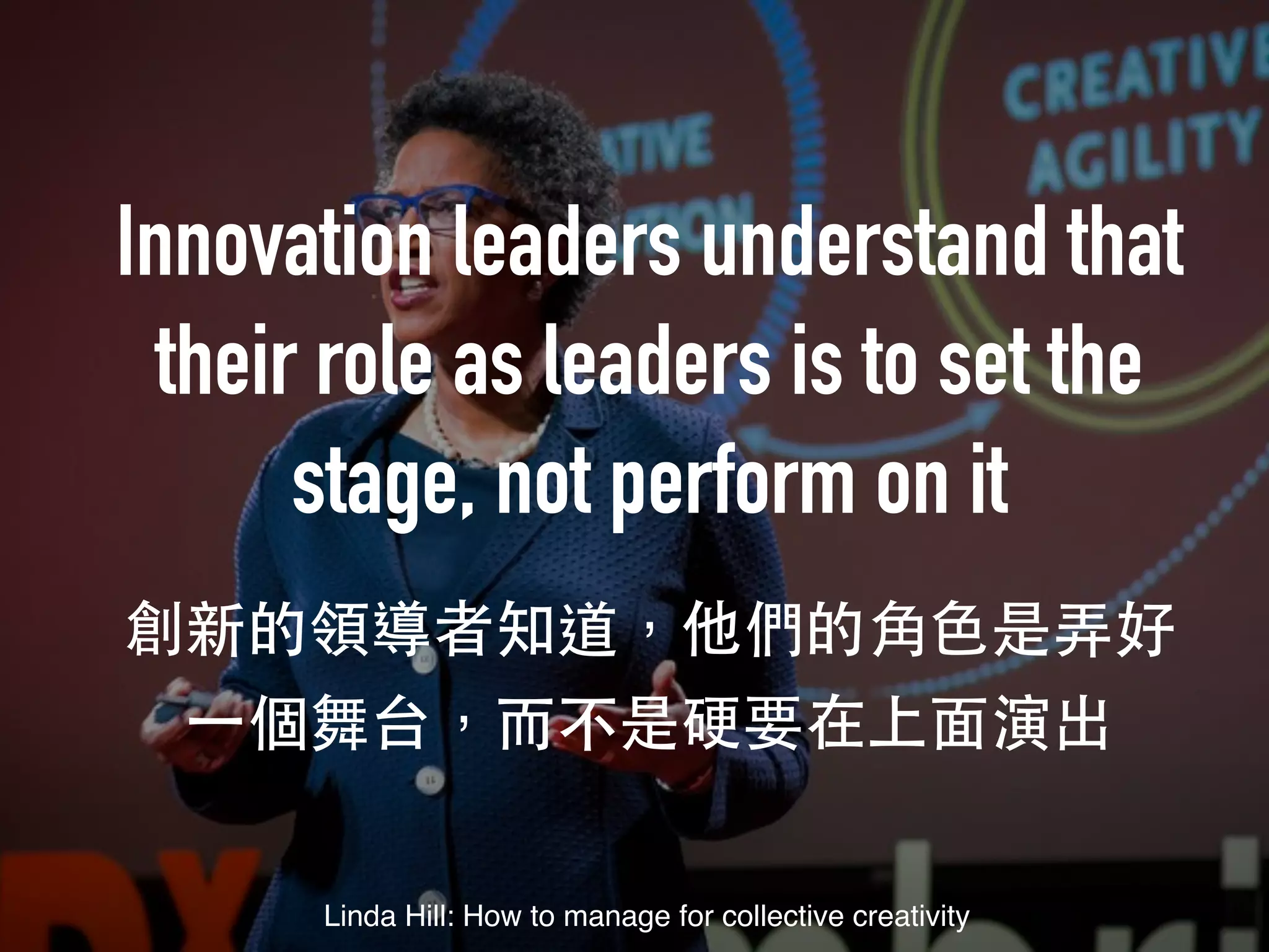 Innovation leaders understand that
their role as leaders is to set the
stage, not perform on it
Linda Hill: How to manage for collective creativity
 