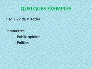 QUELQUES EXEMPLES
• MIX 2P de P. Kotler

Paramètres :
     - Public opinion
     - Politics
 