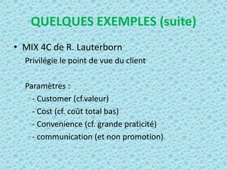 QUELQUES EXEMPLES (suite)
• MIX 4C de R. Lauterborn
  Privilégie le point de vue du client

  Paramètres :
    - Customer (cf.valeur)
    - Cost (cf. coût total bas)
    - Convenience (cf. grande praticité)
    - communication (et non promotion)
 