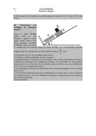 12 ΤΑΛΑΝΤ ΣΕΙΣ
Μιχαήλ Π. Μιχαήλ
β) Πόση είναι τότε η ενέργεια της ταλάντωσής του; ∆ίνεται 3 =1,7 και 2 =1,4 και
π2
=10.
20. Ταλάντωση και
ολίσθηση σε κεκλιµένο
επίπεδο
Σώµα Σ1 µάζας M=4Kg
ηρεµεί πάνω σε λείο
κεκλιµένο επίπεδο γωνίας
κλίσης φ=300
δεµένο στην
άκρη ελατηρίου σταθεράς
Κ=200N/m. Πάνω στο σώµα
Σ1 τοποθετούµε ένα δεύτερο σώµα Σ2 µάζας m=1Kg. Αν ο συντελεστής στατικής
τριβής µεταξύ των επιφανειών των δυο σωµάτων είναι µ=
3
2
, τότε:
α) Να δείξετε ότι το Σ2 δεν ολισθαίνει πάνω στο Σ1.
β) Να βρείτε τη θέση ισορροπίας των δυο σωµάτων.
γ) Αποµακρύνουµε το σύστηµα των δυο σωµάτων από τη θέση ισορροπίας του κατά τη
διεύθυνση του ελατηρίου και το αφήνουµε ελεύθερο. Αν το σύστηµα των δυο σωµάτων
πραγµατοποιεί α.α.τ τότε ποια είναι η µέγιστη τιµή του πλάτους Αmax της ταλάντωσης
ώστε το Σ2 να µη γλιστρά πάνω στο Σ1;
δ) Αν αυξήσουµε το πλάτος της ταλάντωσης τότε σε ποια θέση αρχίζει το Σ2 να γλιστρά
πάνω στο Σ1;
ε) Αν t=0 είναι η χρονική στιγµή, που τοποθετούµε το Σ2 πάνω στο Σ1, τότε να γράψετε
την εξίσωση της α.α.τ για το Σ2, δεδοµένου ότι ισχύει x=A⋅ηµ(ωt+φ0) και ότι η προς τα
πάνω φορά είναι θετική.
∆ίνεται g=10m/s2
.
Σ
Σ
1
K
2
 