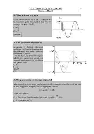 ΤΟ ∆++
ΘΕΜΑ ΦΥΣΙΚΗΣ Γ΄ ΛΥΚΕΙΟΥ
Μιχαήλ Π. Μιχαήλ
17
28. Μέση ταχύτητα στην α.α.τ
Σώµα πραγµατοποιεί την α.α.τ x=Aηµωt. Να
υπολογιστεί η µέση διανυσµατική ταχύτητα του
σώµατος για χρόνο: (t0=0)
α) t=
T
4
β) t= T
γ) t=kT+
T
4
29. α.α.τ εµβαδά και διάγραµµα s(t)
1. ∆ίνεται το διπλανό διάγραµµα
ταχύτητας – χρόνου για ένα σώµα που
πραγµατοποιεί την απλή αρµονική
ταλάντωση x=Aηµωt.
Τότε το συνολικό γραµµοσκιασµένο
εµβαδό που περικλείεται µεταξύ της
γραφικής παράστασης και του άξονα
των χρόνων είναι:
α) Α
β) 2Α
γ) 2,5Α
δ) 0
30. Θέση, µετατόπιση και διάστηµα στην Α.Α.Τ
Υλικό σηµείο πραγµατοποιεί απλή αρµονική ταλάντωση και η αποµάκρυνσή του από
τη θέση ισορροπίας περιγράφεται από τη χρονική εξίσωση:
x=Aηµ(ωt+
π
3
) (S.I).
A) Να υπολογίσετε:
α) τη θέση x του υλικού σηµείου τη χρονική στιγµή t1=
5
2
Τ
σε s,
β) τη µετατόπιση ∆x και
-
ωΑ
ωΑ
υ
tT/4
-
ωΑ
ωΑ
υ
tT 5T/4T/4
E
E
E1
2
3
 