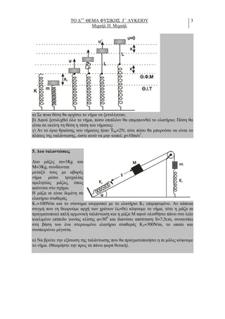ΤΟ ∆++
ΘΕΜΑ ΦΥΣΙΚΗΣ Γ΄ ΛΥΚΕΙΟΥ
Μιχαήλ Π. Μιχαήλ
3
α) Σε ποια θέση θα αρχίσει το νήµα να ξετυλίγεται;
β) Αφού ξετυλιχθεί όλο το νήµα, πόσο επιπλέον θα επιµηκυνθεί το ελατήριο; Πόση θα
είναι σε εκείνη τη θέση η τάση του νήµατος;
γ) Αν το όριο θραύσης του νήµατος ήταν Tθρ=2Ν, τότε πόσο θα µπορούσε να είναι το
πλάτος της ταλάντωσης, ώστε αυτό να µην κοπεί; g=10m/s2
.
5. ∆υο ταλαντώσεις
∆υο µάζες m=1Kg και
M=3Kg, συνδέονται
µεταξύ τους µε αβαρές
νήµα µέσω τροχαλίας
αµελητέας µάζας, όπως
φαίνεται στο σχήµα.
Η µάζα m είναι δεµένη σε
ελατήριο σταθεράς
Κ1=100Ν/m και το σύστηµα ισορροπεί µε το ελατήριο Κ1 επιµηκυµένο. Αν κάποια
στιγµή που τη θεωρούµε αρχή των χρόνων (t0=0s) κόψουµε το νήµα, τότε η µάζα m
πραγµατοποιεί απλή αρµονική ταλάντωση και η µάζα Μ αφού ολισθήσει πάνω στο λείο
κεκλιµένο επίπεδο γωνίας κλίσης φ=300
και διανύσει απόσταση S=7,5cm, συναντάει
στη βάση του ένα στερεωµένο ελατήριο σταθεράς Κ2=300N/m, το οποίο και
συσπειρώνει µέγιστα.
α) Να βρείτε την εξίσωση της ταλάντωσης που θα πραγµατοποιήσει η m µόλις κόψουµε
το νήµα. (Θεωρήστε την προς τα πάνω φορά θετική).
m
φ
S
M
K1K2
 