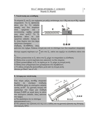 ΤΟ ∆++
ΘΕΜΑ ΦΥΣΙΚΗΣ Γ΄ ΛΥΚΕΙΟΥ
Μιχαήλ Π. Μιχαήλ
5
7. Ταλάντωση και ολίσθηση
Τα σώµατα Σ1 και Σ2 του σχήµατος µε µάζες αντίστοιχα, m1= 1Kg και m2=4 Kg αρχικά
ισορροπούν. Το Σ1 βρίσκεται
πάνω στο Σ2. Το επίπεδο
επαφής των δυο σωµάτων
είναι οριζόντιο και ο
συντελεστής τριβής µεταξύ
τους είναι µ=0,5. Το Σ2
βρίσκεται πάνω σε λείο
οριζόντιο επίπεδο. Ακόµη το
Σ2 είναι δεµένο στο ένα άκρο
οριζόντιου ελατηρίου
σταθεράς Κ=400N/m, όπως
φαίνεται στο σχήµα. Κάποια στιγµή και ενώ το σύστηµα των δυο σωµάτων ισορροπεί,
δίνουµε αρχική ταχύτητα υ0=
π
2
m/s στο Σ1, οπότε και αρχίζει να ολισθαίνει πάνω στο
Σ2.
α) Πόσο µετακινείται το Σ1 πάνω στο Σ2 µέχρι να σταµατήσει η ολίσθηση;
β) Πόση είναι η κοινή ταχύτητα που αποκτούν τα δύο σώµατα;
γ) Πόσο µετακινήθηκε το Σ1 σε σχέση µε το Σ2 µέχρι τη στιγµή αυτή;
δ) Πόση είναι η θερµότητα που µεταφέρεται στο περιβάλλον;
ε) Τι είδους κίνηση θα ακολουθήσει µετά από τη στιγµή αυτή;
∆ίνεται g=10m/s2
και π2
=10.
8. ∆ύναµη και ταλάντωση
Ένα σώµα µάζας m=4Kg ισορροπεί
δεµένο σε ελατήριο σταθεράς
Κ=400Ν/m πάνω σε κεκλιµένο επίπεδο
γωνίας φ=300
. Τη χρονική στιγµή t=0
εξασκούµε στο σώµα µια σταθερή
δύναµη F=80N µε φορά προς τα πάνω
στο κεκλιµένο επίπεδο, όπως φαίνεται
στο σχήµα.
α) Να αποδείξετε ότι το σύστηµα
πραγµατοποιεί α.α.τ,
β) Να γράψετε την εξίσωση x(t) της α.α.τ, καθώς και τη χρονική εξίσωση της δύναµης
επαναφοράς ΣF(t).
F
m)Θ.Ι.(
Θ.Φ.Μ
K
m
x1
(+)
Θ.Φ.Μ
Σ1
0
K
υ
Σ2
 