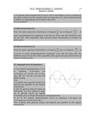 ΤΟ ∆++
ΘΕΜΑ ΦΥΣΙΚΗΣ Γ΄ ΛΥΚΕΙΟΥ
Μιχαήλ Π. Μιχαήλ
9
γ) Αν ρίξουµε κόλλα ανάµεσα στα Σ2 και Σ3, τότε τι τιµή πρέπει να έχει η η δύναµη Fκ
που ασκεί η κόλλα στα δυο σώµατα, ώστε τη στιγµή που το Σ1 µόλις ανυψώνεται από
το έδαφος να αποχωρίζεται και το σώµα Σ3 από το Σ2;
∆ίνεται g=10m/s2
.
13. Πότε συναντώνται (1);
Έστω δυο απλές αρµονικές ταλαντώσεις x1=Aηµ(ωt+
π
6
) και x2=Aηµ(ωt+
7π
6
), οι
οποίες πραγµατοποιούνται ξεχωριστά η µια από την άλλη στην ίδια διεύθυνση γύρω
από την ίδια θέση ισορροπίας. Ποια χρονική στιγµή συναντιούνται τα σώµατα για
πρώτη φορά;
14. Πότε συναντώνται (2);
Έστω δυο απλές αρµονικές ταλαντώσεις x1=A1ηµ(ω1t+
π
6
) και x2=A2ηµ(ω2t+
7π
6
) µε
Α1=Α2=Α οι οποίες πραγµατοποιούνται ξεχωριστά η µια από την άλλη στην ίδια
διεύθυνση γύρω από την ίδια θέση ισορροπίας. Ποια χρονική στιγµή συναντιούνται τα
σώµατα για πρώτη φορά;
15. Αποµακρύνονται ή πλησιάζουν;
Α) ∆υο σώµατα πραγµατοποιούν Α.Α.Τ
µε εξισώσεις x1=A1⋅ηµω1t και
x2=A2⋅ηµω2t µε Α2=2A1 και ω1=3ω2,
γύρω από την ίδια Θ.Ι. και στην ίδια
ευθεία κίνησης.
Τότε:
α) να βρείτε ποιες χρονικές στιγµές στη
διάρκεια µιας περιόδου τα δυο σώµατα
συναντώνται.
β) Από τη χρονική στιγµή 0 (αρχή της
ταλάντωσης των δυο σωµάτων), µέχρι
και τη χρονική στιγµή της πρώτης
συνάντησής τους τα σώµατα πλησιάζουν ή αποµακρύνονται;
Β) Αν τα δυο σώµατα πραγµατοποιούν Α.Α.Τ µε εξισώσεις x1=A1⋅ηµω1t και
x2=A2⋅ηµω2t µε Α2=4A1 και ω1=4ω2.
Τότε να βρείτε ποιες χρονικές στιγµές στη διάρκεια µιας περιόδου τα δυο σώµατα
συναντώνται.
 