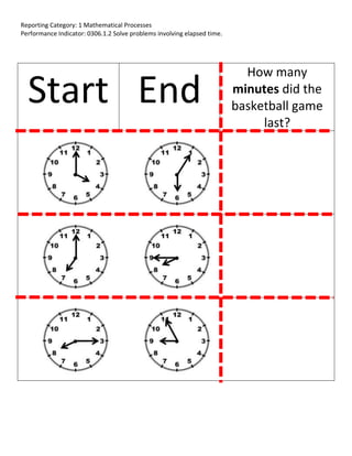 Reporting Category: 1 Mathematical Processes
Performance Indicator: 0306.1.2 Solve problems involving elapsed time.
Start End
How many
minutes did the
basketball game
last?
 