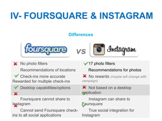 IV- FOURSQUARE & INSTAGRAM
                              Differences


                                   vs
    No photo filters                     17 photo filters
    Recommendations of locations         Recommendations for photos
   Check-ins more accurate               No rewards (maybe will change with
Rewarded for multiple check-ins      campaign)

    Desktop capabilities/options        Not based on a desktop
                                     application
     Foursquare cannot share to         Instagram can share to
Instagram                            Foursquare
     Cannot send Foursquare check-     True social integration for
ins to all social applications     Instagram
 