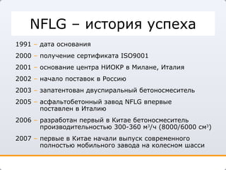 NFLG  – история успеха 1991  – дата основания 2000  – получение сертификата  ISO9001 2001  – основание центра НИОКР в Милане, Италия 2002  – начало поставок в Россию 2003  – запатентован двуспиральный бетоносмеситель 2005   – асфальтобетонный завод  NFLG  впервые поставлен в Италию 2006  – разработан первый в Китае бетоносмеситель производительностью 300-360 м 3 /ч (8000/6000 см 3 ) 2007  – первые в Китае начали выпуск современного  полностью мобильного завода на колесном шасси 