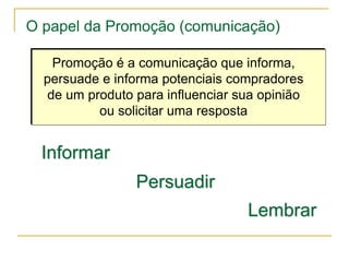 O papel da Promoção (comunicação)

   Promoção é a comunicação que informa,
  persuade e informa potenciais compradores
  de um produto para influenciar sua opinião
          ou solicitar uma resposta


 Informar
                Persuadir
                                   Lembrar
 