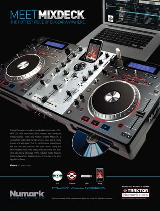 MEET
THE HOTTEST PIECE OF DJ GEAR ANYWHERE.




Today’s DJ needs to be able to handle all kinds of media - CDs,
MP3 CDs, USB ﬂash drives, iPod®, laptops, and a variety of
analog sources. That’s why Numark created MIXDECK, a
complete DJ system that handles any and every type of media
thrown at it with ease. This DJ performance powerhouse
lets you mix and perform with your music using the
two-turntables-and-a-mixer layout that you know and love,
while also taking advantage of the included Traktor Numark
Edition software from Native Instruments, the state of the art in
digital DJ software.

Mixdeck. It’s all you need.




                                                          CD                Traktor                USB                iPod

                                                     PLAY ALL MEDIA


N U      M A R K              .   C   O M           *iPod not included. iPod is a trademark of Apple, Inc., in the U.S. and other countries.   Traktor is a trademark of Native Instruments
 