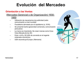 18/03/2022 17
Orientación a las Ventas
(Mercadeo Gerencial o de Organización) 1930-
1950
– Utilización de mecanismos de publicidad (radio
comunicación a nivel mundial)
– Feudalismo derrotado por el capitalismo (s. XVIII)
– Se presenta fuerte agresividad comercial y comunicación
persuasiva
– La marca es importante, Se crean marcas como Coca
Cola (Década de los 30)
– Entre el 45 y 50 USA de convierte en el regente
ordenador económico.
– USA reconstruye Europa- (Alemania)
Evolución del Mercadeo
 