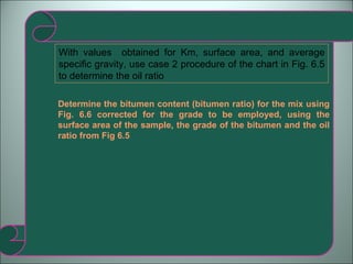 With values  obtained for Km, surface area, and average specific gravity, use case 2 procedure of the chart in Fig. 6.5 to determine the oil ratio Determine the bitumen content (bitumen ratio) for the mix using Fig. 6.6 corrected for the grade to be employed, using the surface area of the sample, the grade of the bitumen and the oil ratio from Fig 6.5 