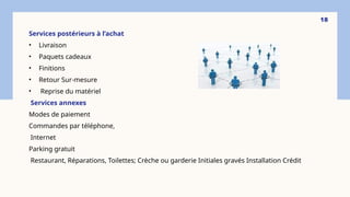 Services postérieurs à l’achat
• Livraison
• Paquets cadeaux
• Finitions
• Retour Sur-mesure
• Reprise du matériel
Services annexes
Modes de paiement
Commandes par téléphone,
Internet
Parking gratuit
Restaurant, Réparations, Toilettes; Crèche ou garderie Initiales gravés Installation Crédit
18
 