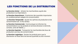 LES FONCTIONS DE LA DISTRIBUTION
7
La fonction Achat : Acheter les marchandises auprès des
producteurs ou importateurs
La fonction Assortiment : Fractionner des quantités importantes
en conditionnement adapté à la consommation
La fonction Temporelle : Ajuster les rythmes de production et de
consommation (ex : le flux tendu)
La fonction Commerciale : Communiquer et informer les
consommateurs sur les produits et services (livraison à domicile,
conseils, carte de fidélité…)
La fonction Spatiale : Transporter les marchandise des lieux de
production aux lieux de consommation
La fonction Logistique : Stocker les produits pour que la
distribution se fasse dans les bonnes quantités au bon moment
 