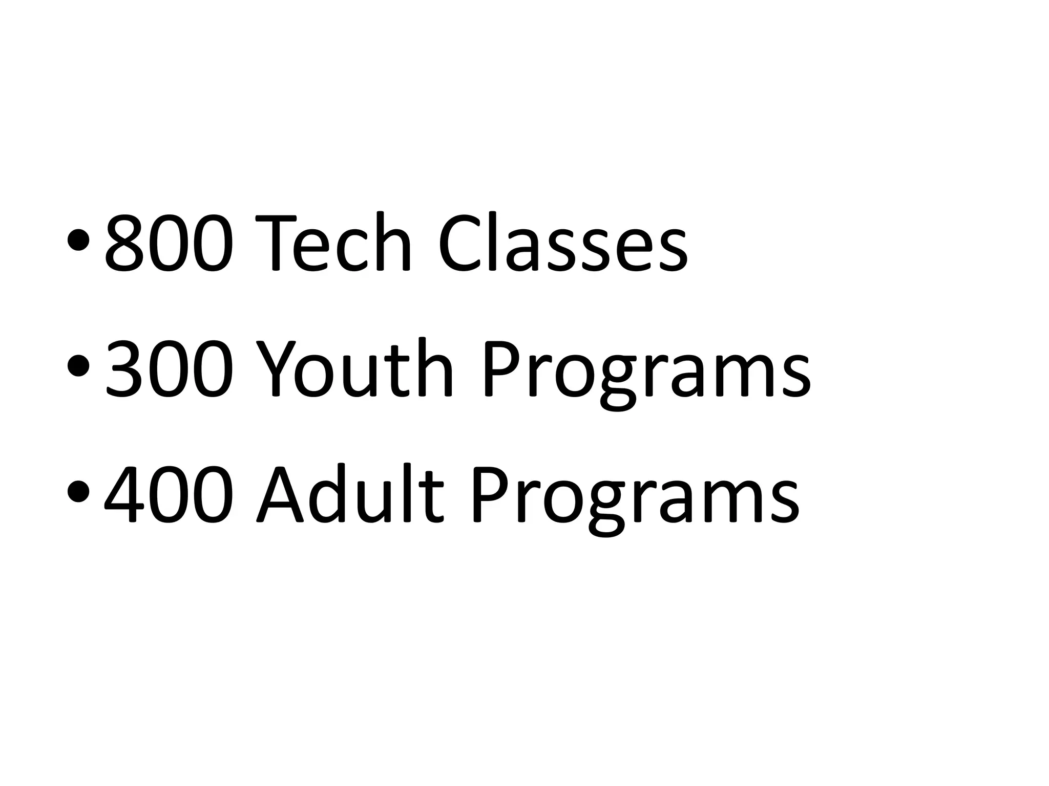 •800 Tech Classes
•300 Youth Programs
•400 Adult Programs
 