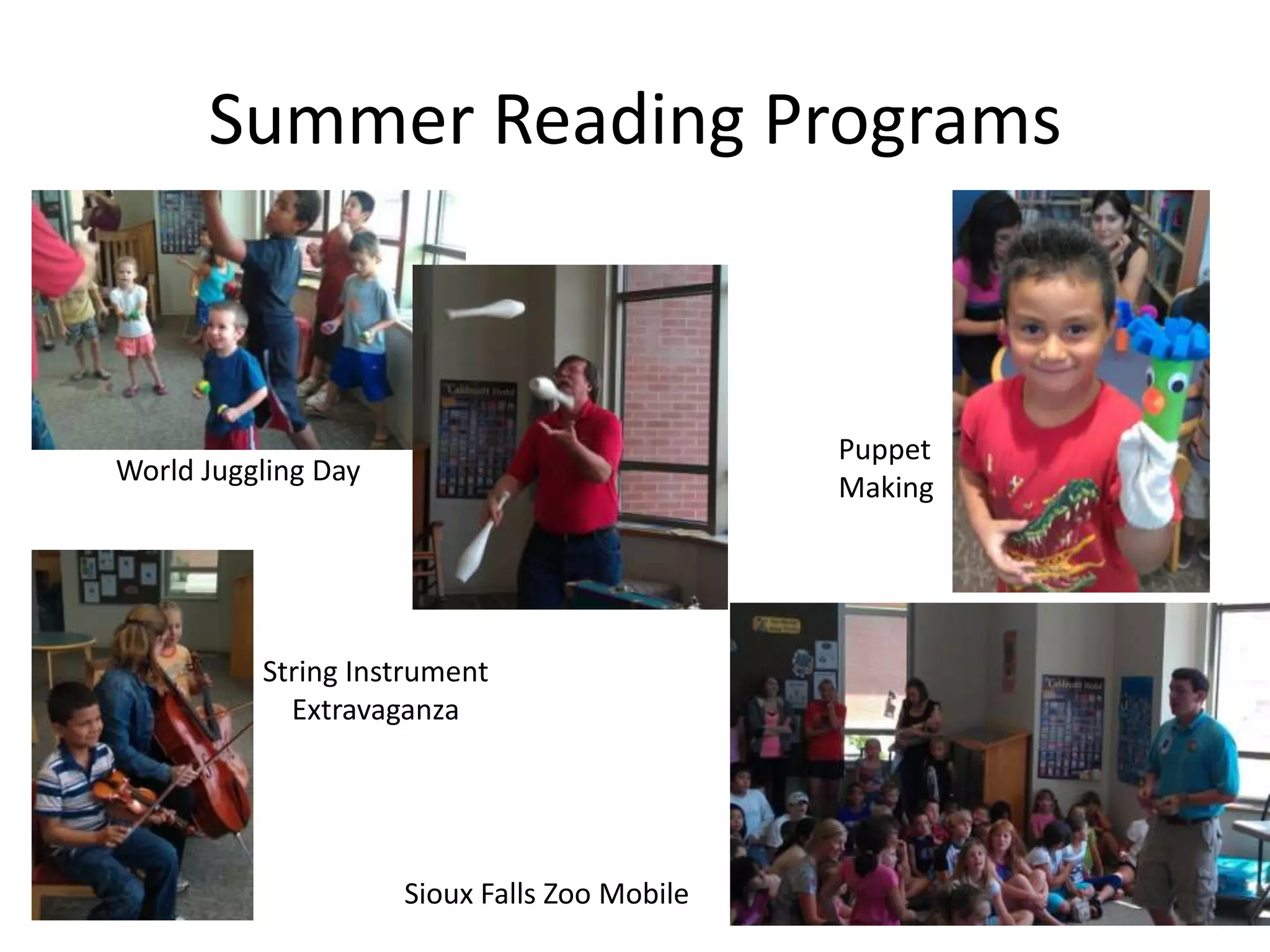 Summer Reading Programs



                                              Puppet
World Juggling Day
                                              Making




          String Instrument
            Extravaganza




                     Sioux Falls Zoo Mobile
 