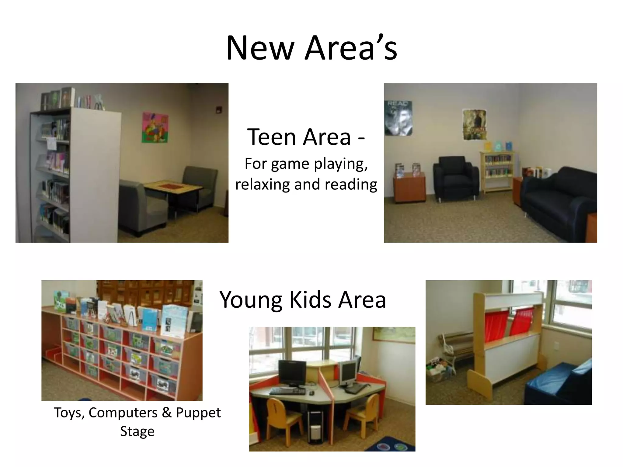 New Area’s

                            Teen Area -
                            For game playing,
                           relaxing and reading




                       Young Kids Area



Toys, Computers & Puppet
         Stage
 