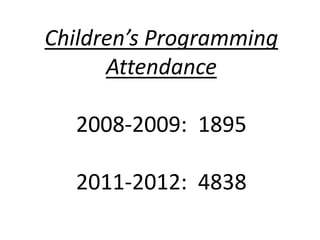 Children’s Programming
      Attendance

  2008-2009: 1895

  2011-2012: 4838
 