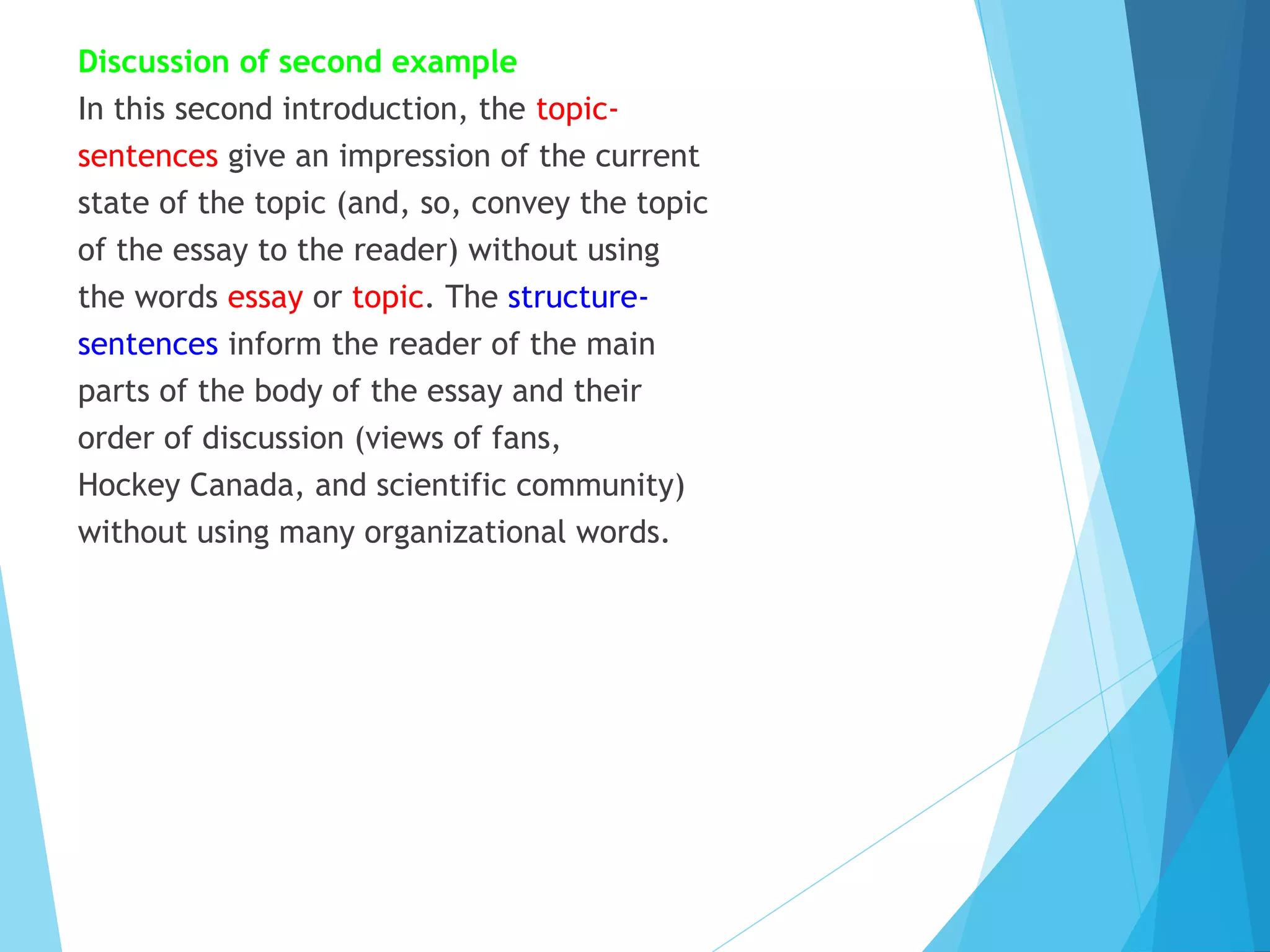Discussion of second example
In this second introduction, the topicsentences give an impression of the current
state of the topic (and, so, convey the topic
of the essay to the reader) without using
the words essay or topic. The structuresentences inform the reader of the main
parts of the body of the essay and their
order of discussion (views of fans,
Hockey Canada, and scientific community)
without using many organizational words.

 