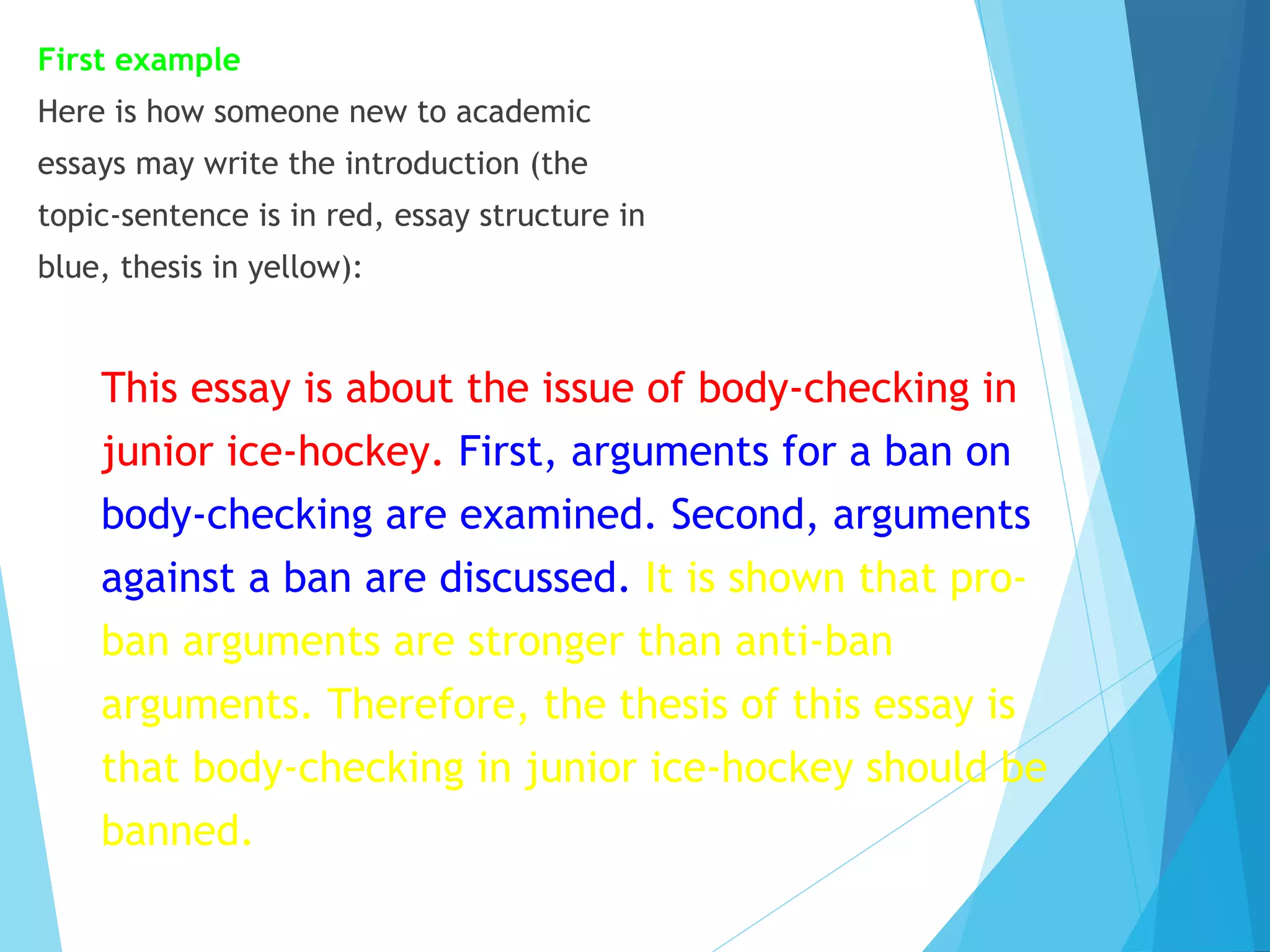 First example
Here is how someone new to academic
essays may write the introduction (the
topic-sentence is in red, essay structure in
blue, thesis in yellow):

This essay is about the issue of body-checking in
junior ice-hockey. First, arguments for a ban on
body-checking are examined. Second, arguments
against a ban are discussed. It is shown that proban arguments are stronger than anti-ban
arguments. Therefore, the thesis of this essay is
that body-checking in junior ice-hockey should be
banned.

 