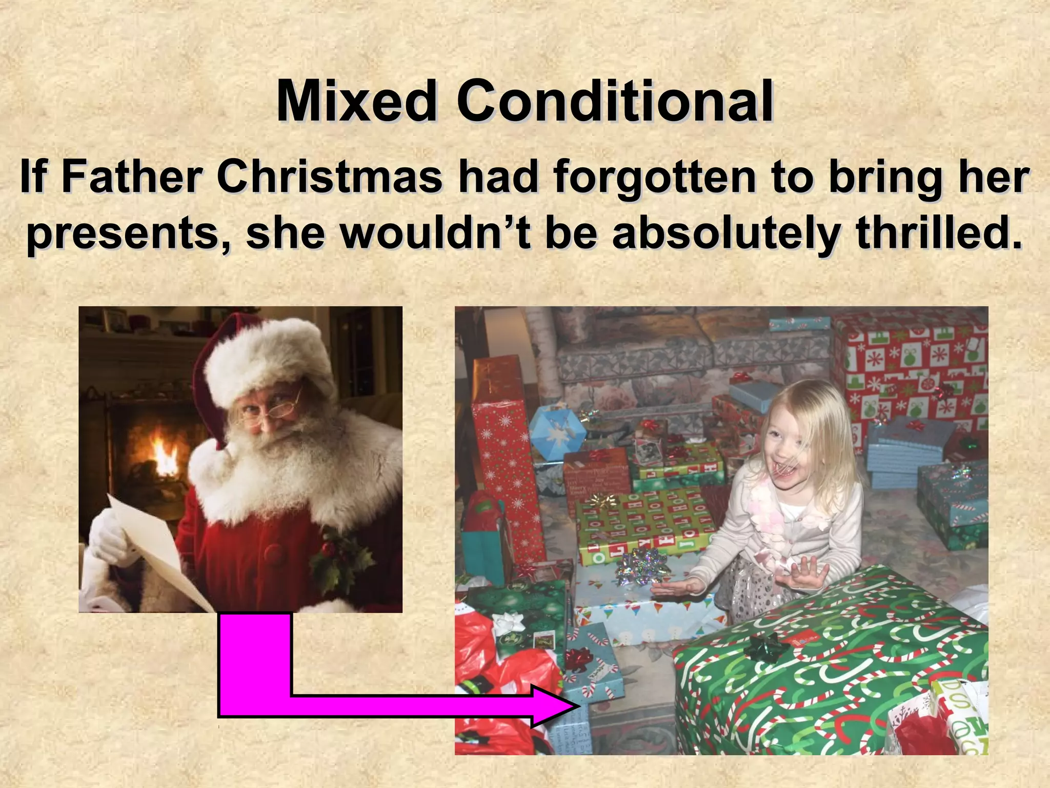 Mixed ConditionalMixed Conditional
If Father Christmas had forgotten to bring herIf Father Christmas had forgotten to bring her
presents, she wouldn’t be absolutely thrilled.presents, she wouldn’t be absolutely thrilled.
 