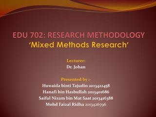 Lecturer:
Dr. Johan
Presented by :Huwaida binti Tajudin 2013422458
Hanafi bin Hasbullah 2013401686
Saiful Nizam bin Mat Saat 2013416388
Mohd Faizal Ridha 2013426796

 