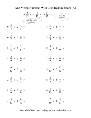 Free math worksheets adding mixed numbers