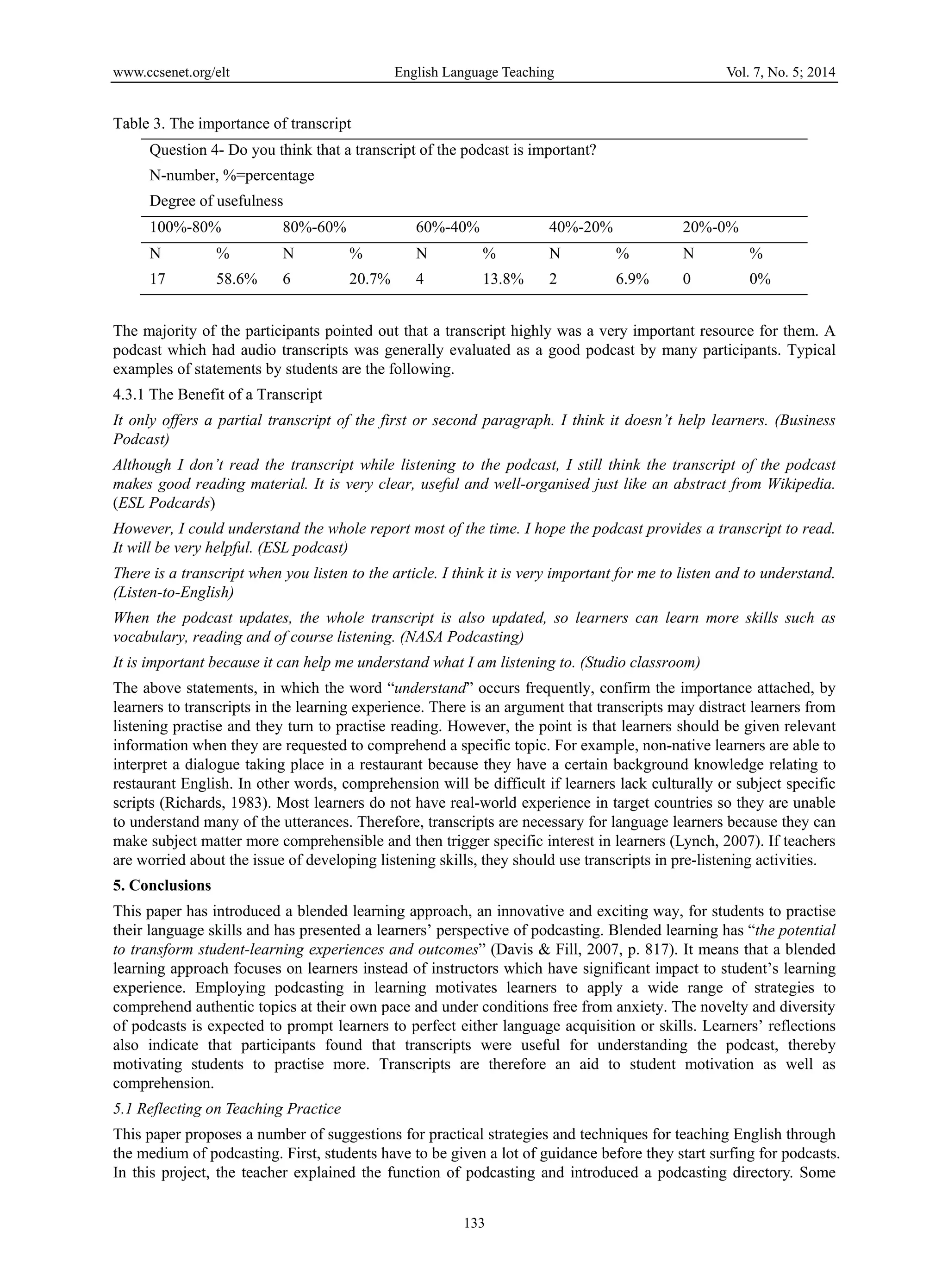 www.ccsenet.org/elt English Language Teaching Vol. 7, No. 5; 2014
133
Table 3. The importance of transcript
Question 4- Do you think that a transcript of the podcast is important?
N-number, %=percentage
Degree of usefulness
100%-80% 80%-60% 60%-40% 40%-20% 20%-0%
N % N % N % N % N %
17 58.6% 6 20.7% 4 13.8% 2 6.9% 0 0%
The majority of the participants pointed out that a transcript highly was a very important resource for them. A
podcast which had audio transcripts was generally evaluated as a good podcast by many participants. Typical
examples of statements by students are the following.
4.3.1 The Benefit of a Transcript
It only offers a partial transcript of the first or second paragraph. I think it doesn’t help learners. (Business
Podcast)
Although I don’t read the transcript while listening to the podcast, I still think the transcript of the podcast
makes good reading material. It is very clear, useful and well-organised just like an abstract from Wikipedia.
(ESL Podcards)
However, I could understand the whole report most of the time. I hope the podcast provides a transcript to read.
It will be very helpful. (ESL podcast)
There is a transcript when you listen to the article. I think it is very important for me to listen and to understand.
(Listen-to-English)
When the podcast updates, the whole transcript is also updated, so learners can learn more skills such as
vocabulary, reading and of course listening. (NASA Podcasting)
It is important because it can help me understand what I am listening to. (Studio classroom)
The above statements, in which the word “understand” occurs frequently, confirm the importance attached, by
learners to transcripts in the learning experience. There is an argument that transcripts may distract learners from
listening practise and they turn to practise reading. However, the point is that learners should be given relevant
information when they are requested to comprehend a specific topic. For example, non-native learners are able to
interpret a dialogue taking place in a restaurant because they have a certain background knowledge relating to
restaurant English. In other words, comprehension will be difficult if learners lack culturally or subject specific
scripts (Richards, 1983). Most learners do not have real-world experience in target countries so they are unable
to understand many of the utterances. Therefore, transcripts are necessary for language learners because they can
make subject matter more comprehensible and then trigger specific interest in learners (Lynch, 2007). If teachers
are worried about the issue of developing listening skills, they should use transcripts in pre-listening activities.
5. Conclusions
This paper has introduced a blended learning approach, an innovative and exciting way, for students to practise
their language skills and has presented a learners’ perspective of podcasting. Blended learning has “the potential
to transform student-learning experiences and outcomes” (Davis & Fill, 2007, p. 817). It means that a blended
learning approach focuses on learners instead of instructors which have significant impact to student’s learning
experience. Employing podcasting in learning motivates learners to apply a wide range of strategies to
comprehend authentic topics at their own pace and under conditions free from anxiety. The novelty and diversity
of podcasts is expected to prompt learners to perfect either language acquisition or skills. Learners’ reflections
also indicate that participants found that transcripts were useful for understanding the podcast, thereby
motivating students to practise more. Transcripts are therefore an aid to student motivation as well as
comprehension.
5.1 Reflecting on Teaching Practice
This paper proposes a number of suggestions for practical strategies and techniques for teaching English through
the medium of podcasting. First, students have to be given a lot of guidance before they start surfing for podcasts.
In this project, the teacher explained the function of podcasting and introduced a podcasting directory. Some
 