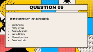 QUESTION 09
Tell the connection (not exhaustive)
• Wiz Khalifa
• Miley Cyrus
• Ariana Grande
• Justin Beiber
• Shawn Mendes
• Brendon Urie
 