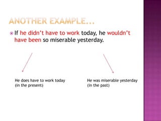  If

he didn’t have to work today, he wouldn’t
have been so miserable yesterday.

He does have to work today
(in the present)

He was miserable yesterday
(in the past)

 