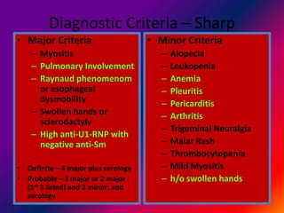 Diagnostic Criteria – Sharp
• Major Criteria
– Myositis
– Pulmonary Involvement
– Raynaud phenomenom
or esophageal
dysmobility
– Swollen hands or
sclerodactyly
– High anti-U1-RNP with
negative anti-Sm
• Definite – 4 major plus serology
• Probable – 3 major or 2 major
(1st 3 listed) and 2 minor; and
serology
• Minor Criteria
– Alopecia
– Leukopenia
– Anemia
– Pleuritis
– Pericarditis
– Arthritis
– Trigeminal Neuralgia
– Malar Rash
– Thrombocytopenia
– Mild Myositis
– h/o swollen hands
 