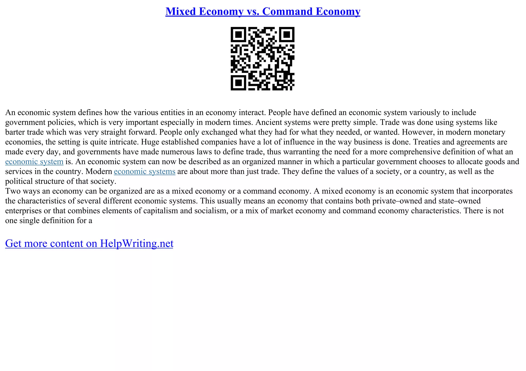 Mixed Economy Vs. Command Economy PPT