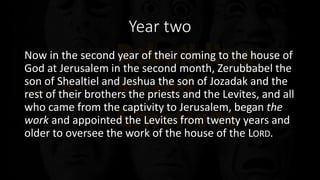 Year two
Now in the second year of their coming to the house of
God at Jerusalem in the second month, Zerubbabel the
son of Shealtiel and Jeshua the son of Jozadak and the
rest of their brothers the priests and the Levites, and all
who came from the captivity to Jerusalem, began the
work and appointed the Levites from twenty years and
older to oversee the work of the house of the LORD.
 