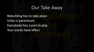 Our Take Away
Rebuilding has to take place
Unity is paramount
Everybody has a part to play
Your words have effect
 